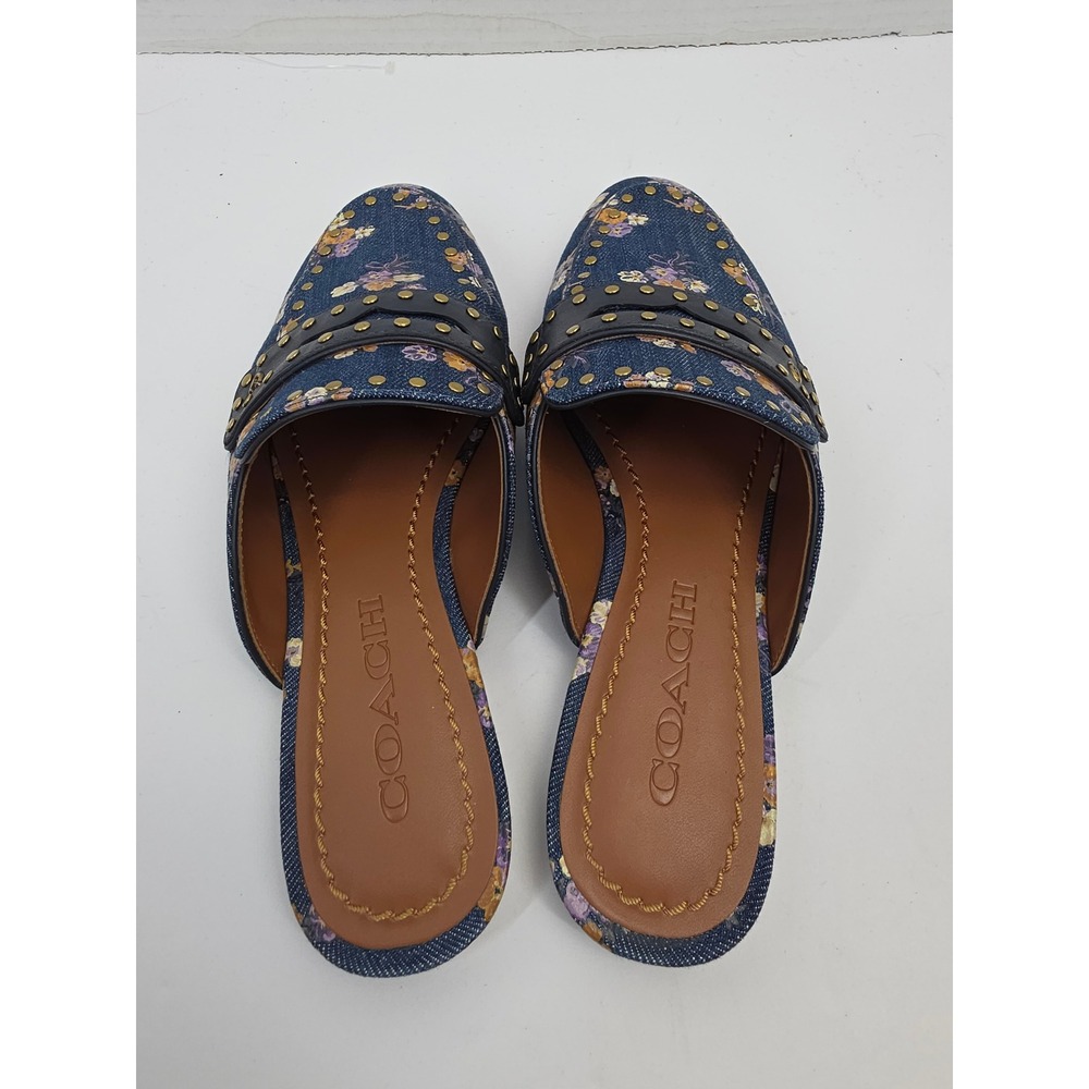Coach Faye Slide Floral Denim Studded Mules Blue G3722 Womens Size 5B - Picture 2 of 5